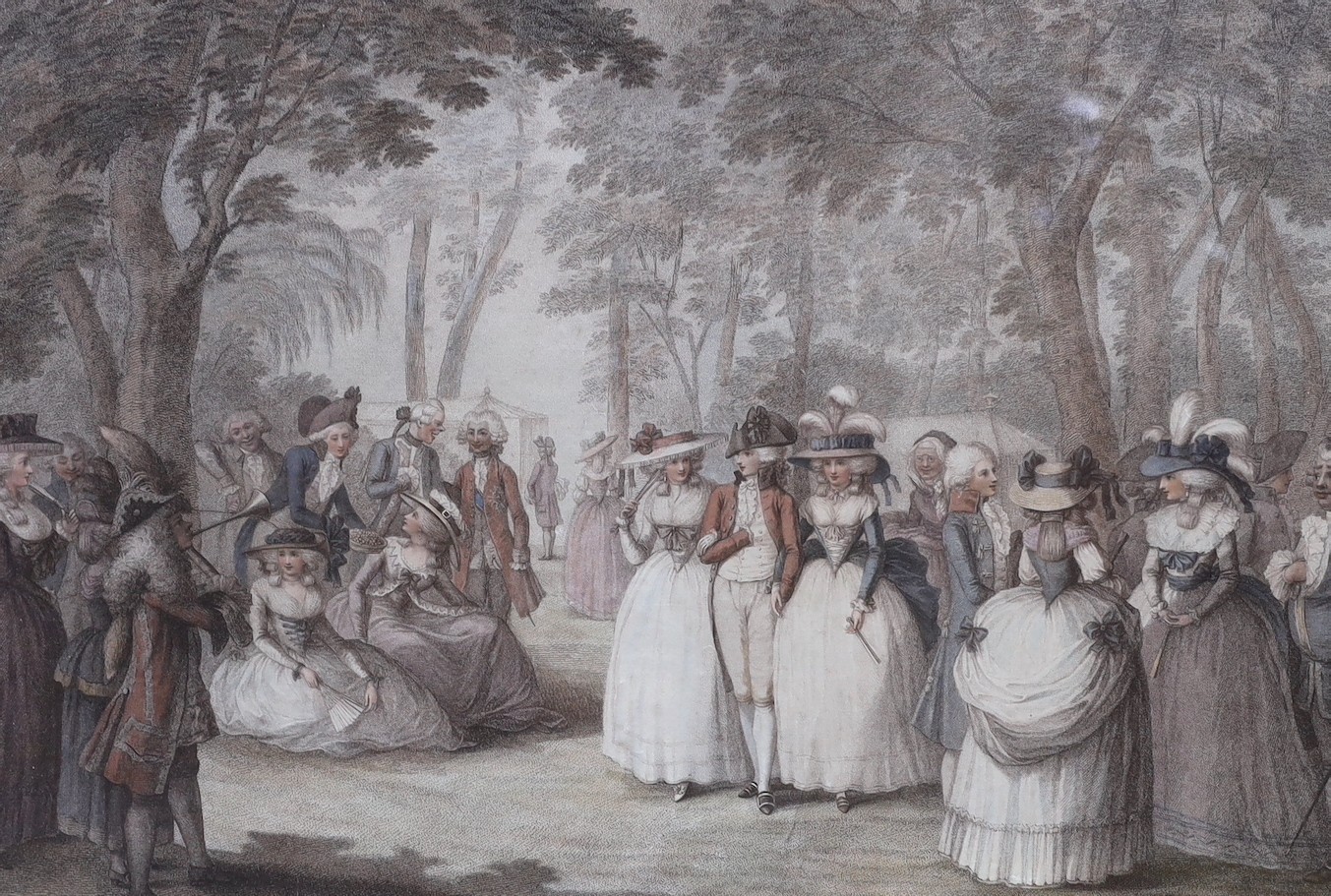 After Henry Bunbury, coloured stipple engraving, 'The Gardens of Carlton House, with Neopolitan ballard singers, 1781', overall 45 x 59cm